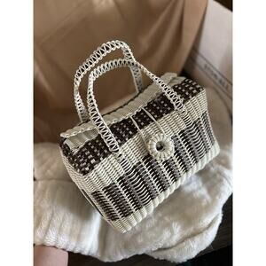 Chic Checkered Woven Tote Bag White Brown Casual Beach Purse